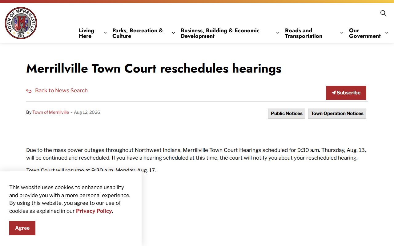 Merrillville court docket hearing rescheduling notice